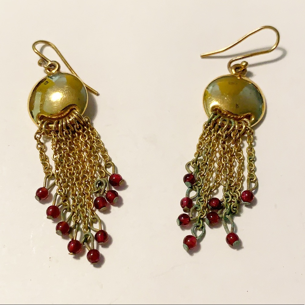 Vintage gold red beaded tassel earrings - Picture 2 of 2